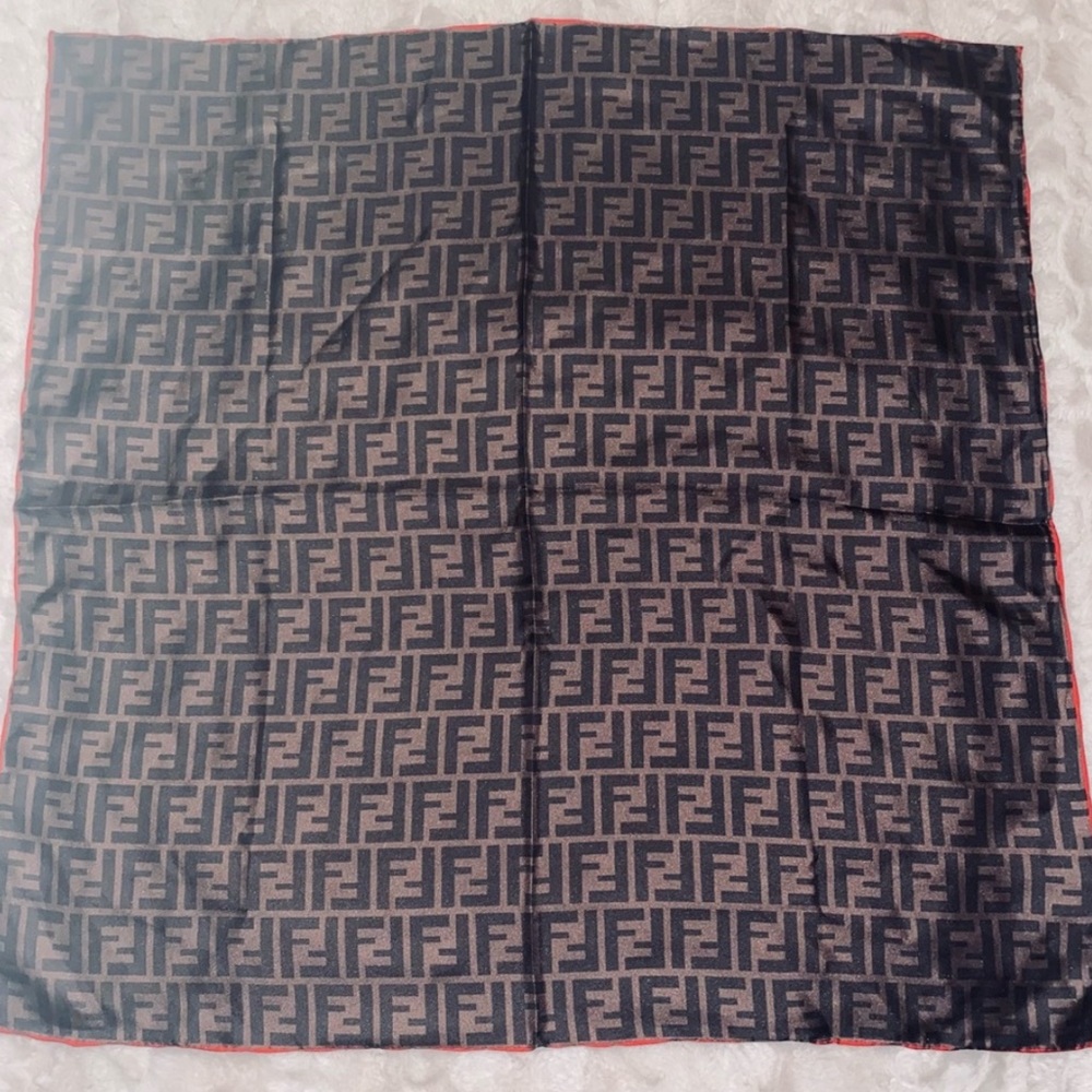 FENDI FF Zucca logo printed monogram brown red outline silk square foulard scarf